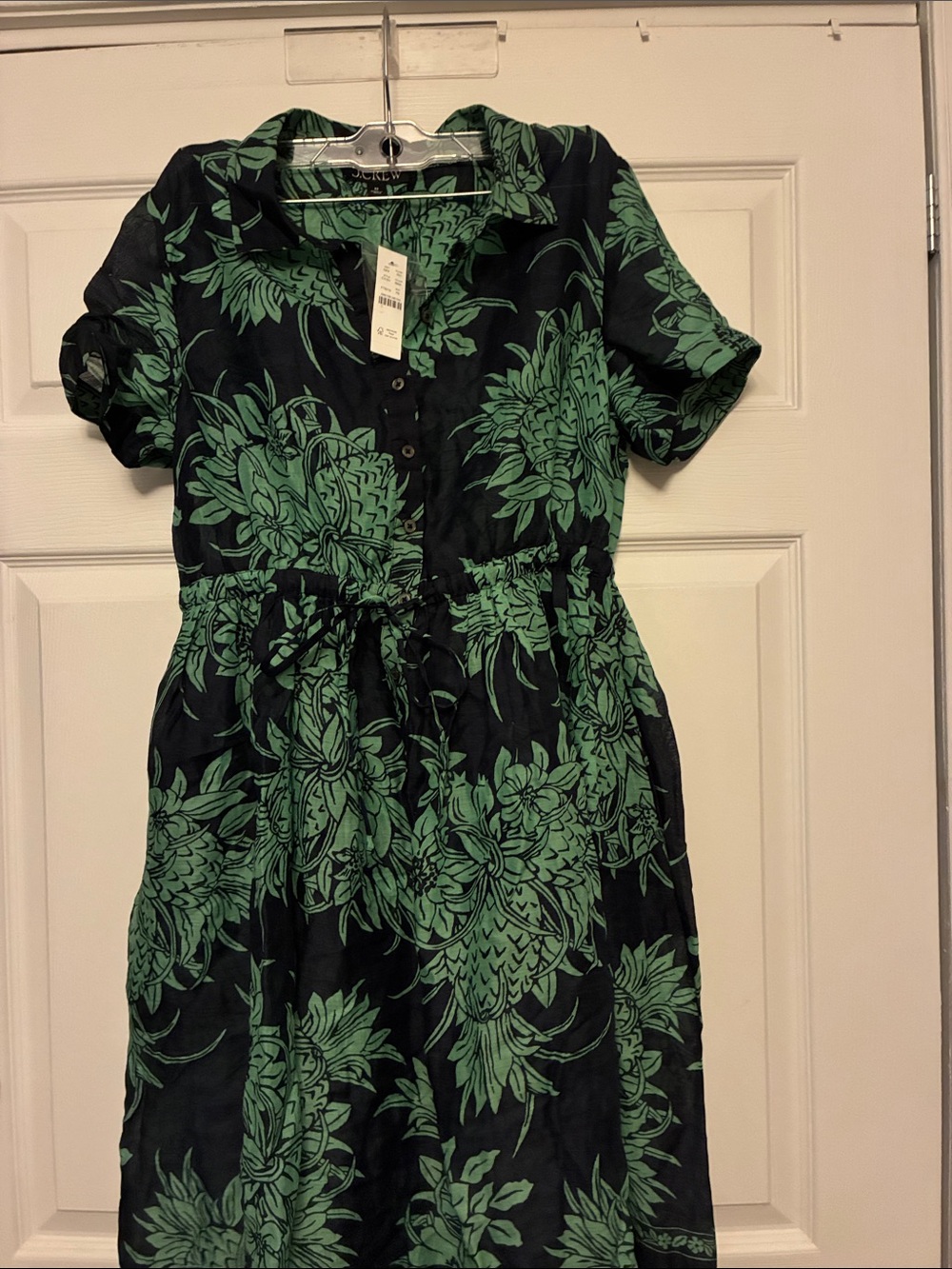 J.Crew Cerise Pineapple Print Ramie Shirt Dress Midi Navy Matcha P8 NWT